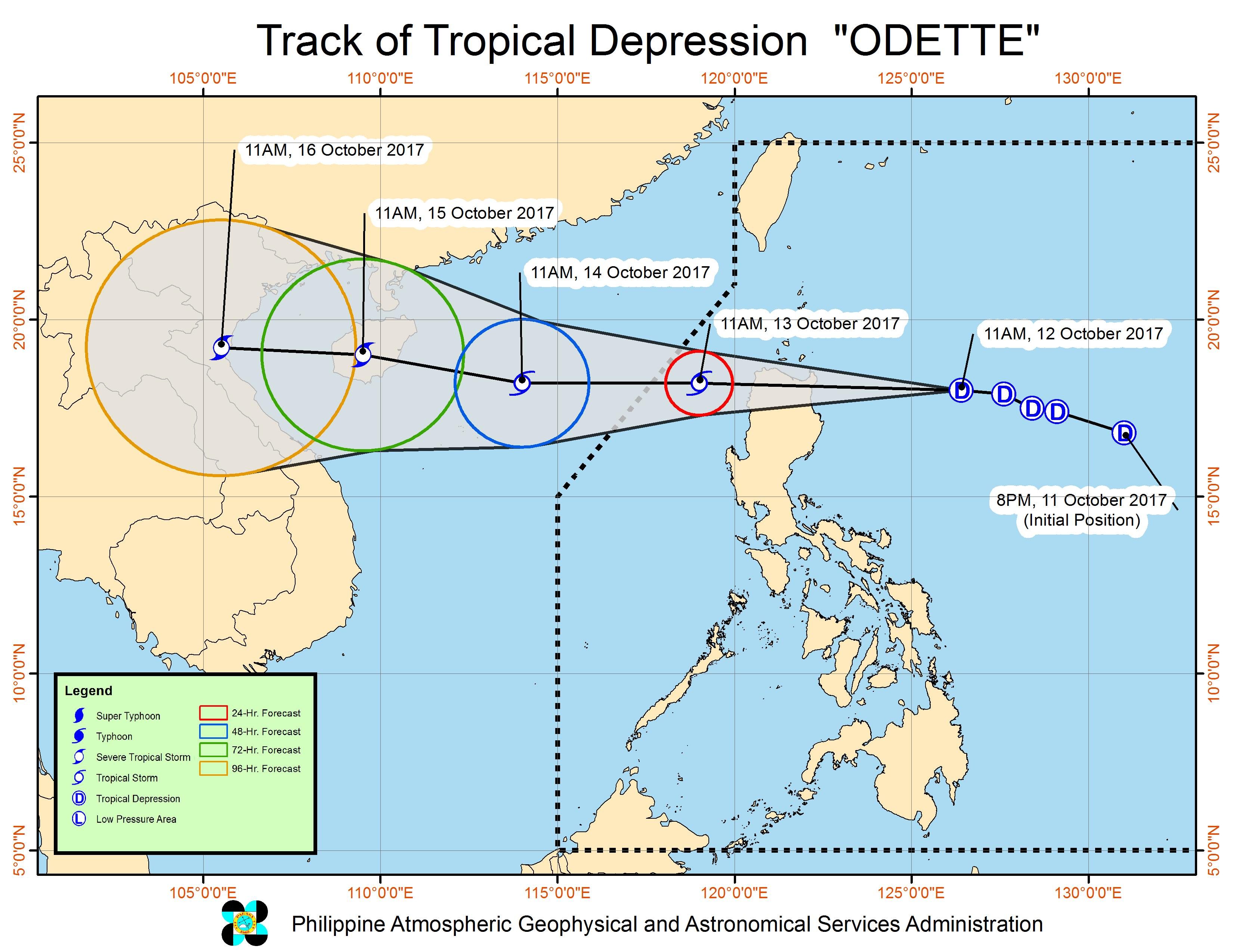 Forecast track of Tropical Depression Odette as of October 12, 2 pm. Image courtesy of PAGASA 