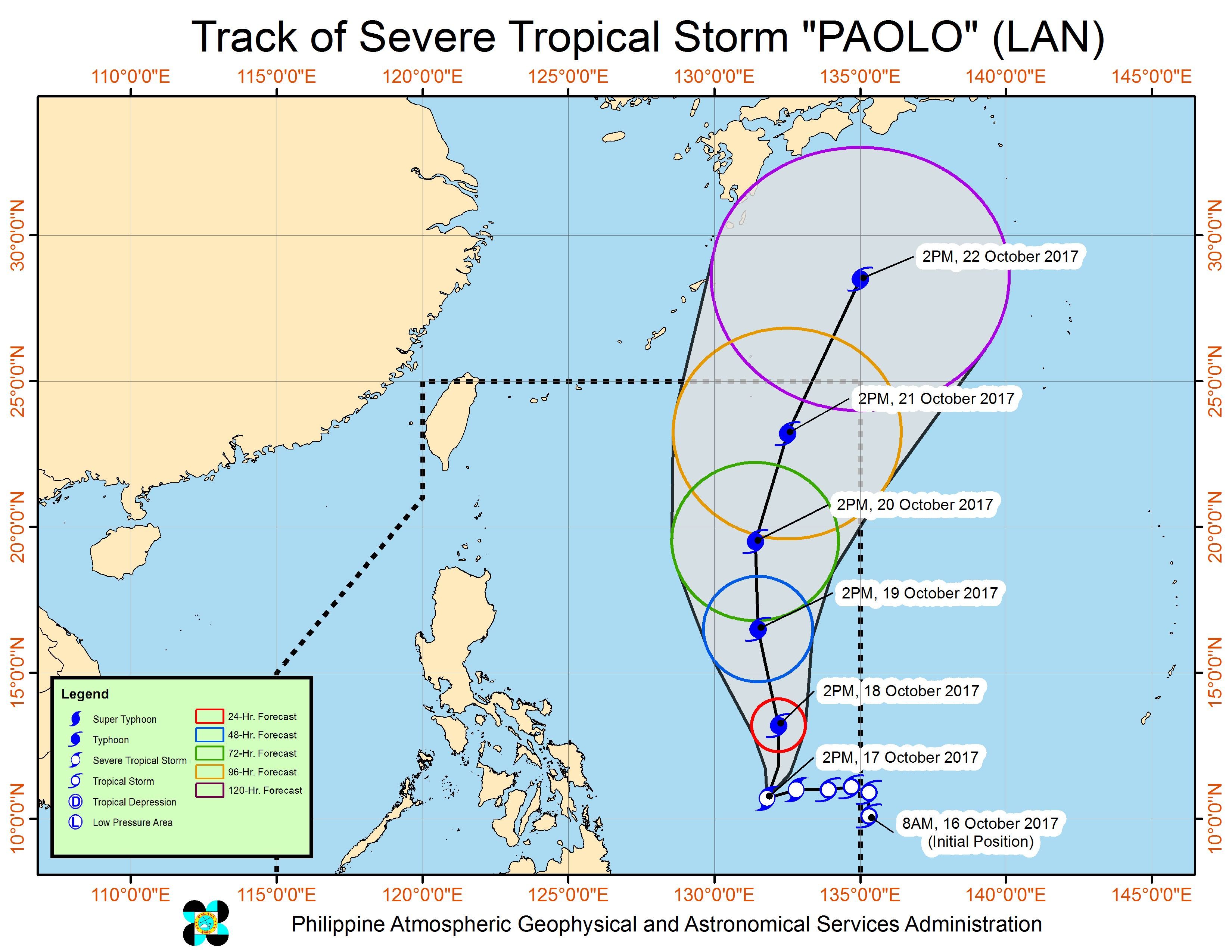Forecast track of Severe Tropical Storm Paolo as of October 17, 5 pm. Image courtesy of PAGASA 