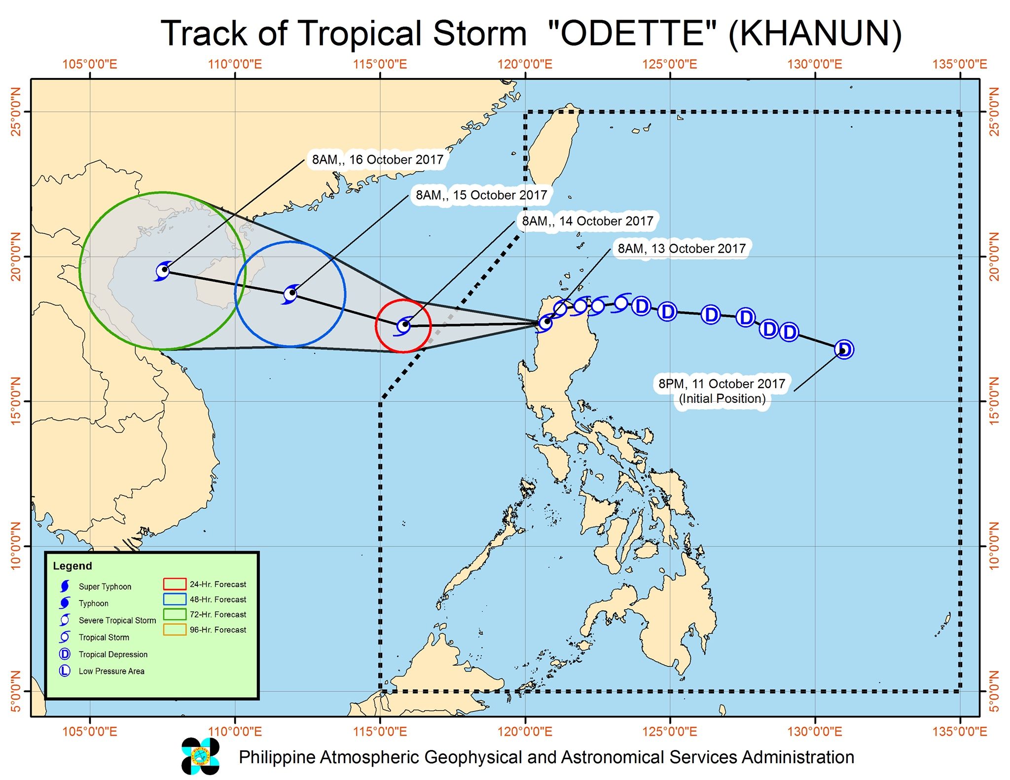 Forecast track of Tropical Storm Odette as of October 13, 11 am. Image courtesy of PAGASA 