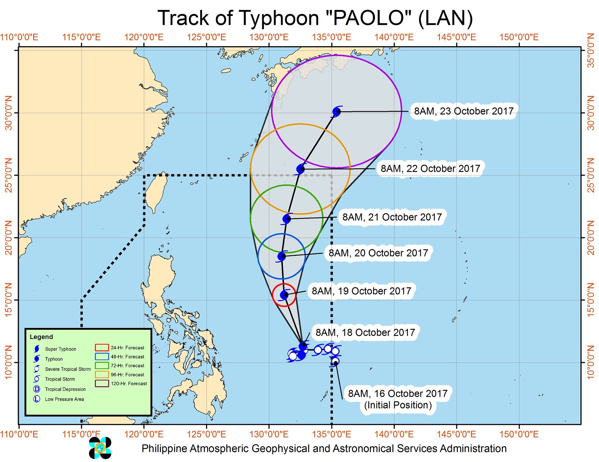 Forecast track of Typhoon Paolo as of October 18, 11 am. Image courtesy of PAGASA 