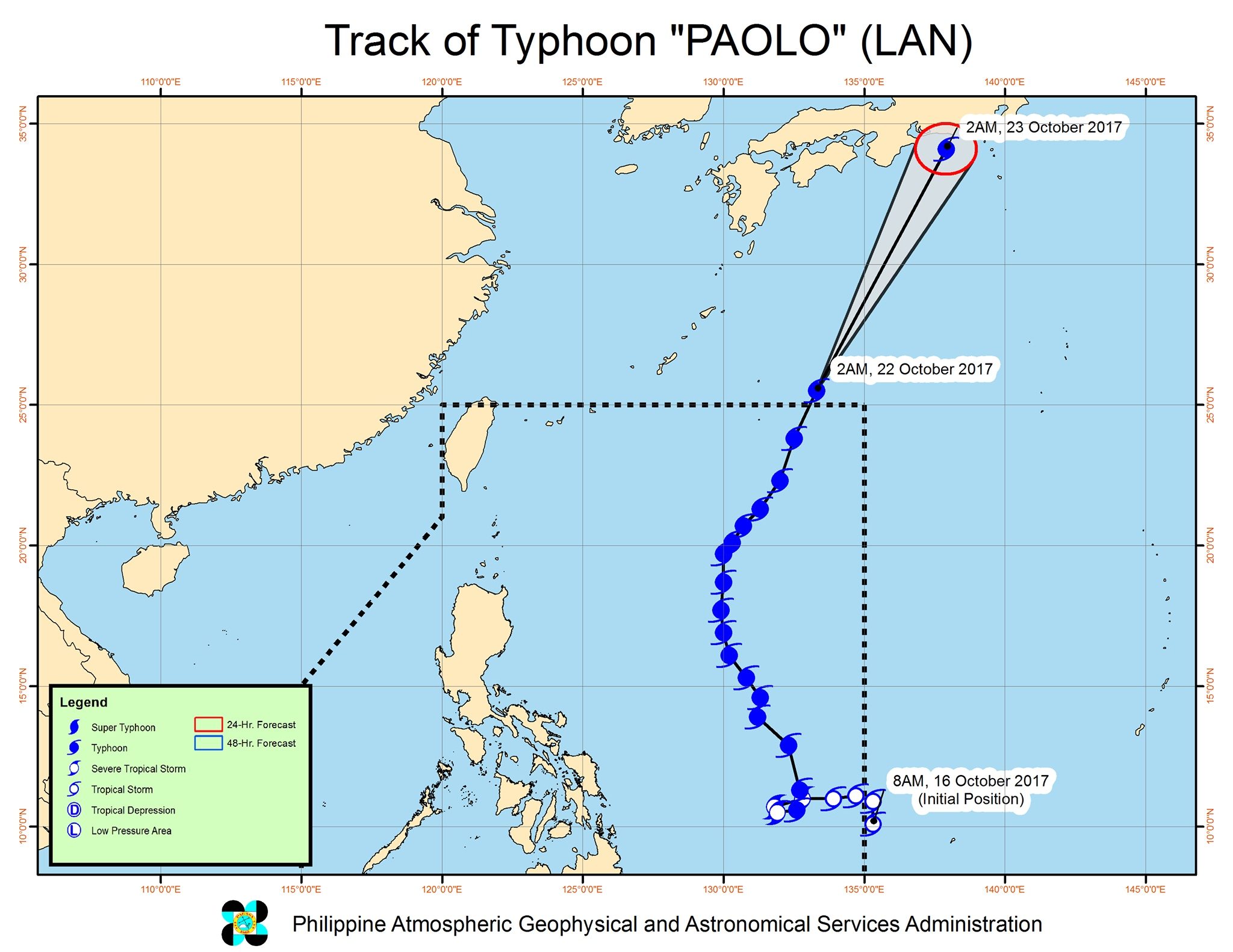 Forecast track of Typhoon Paolo as of October 22, 5 am. Image courtesy of PAGASA 