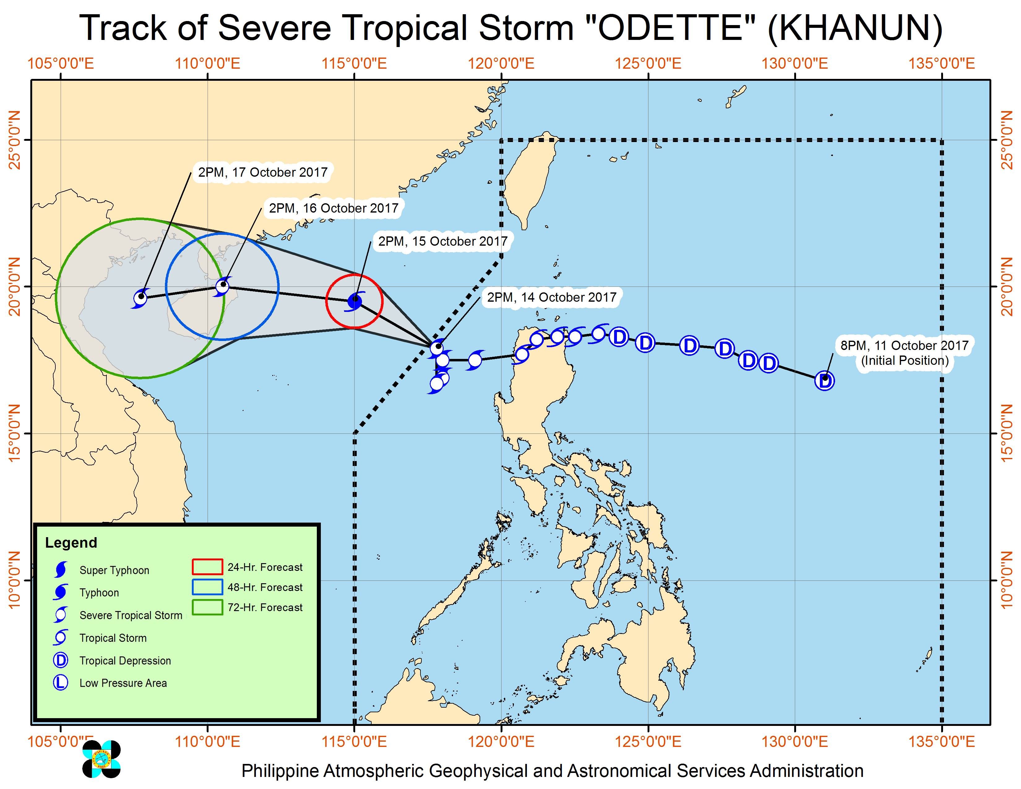 Forecast track of Severe Tropical Storm Odette as of October 14, 5 pm. Image courtesy of PAGASA 