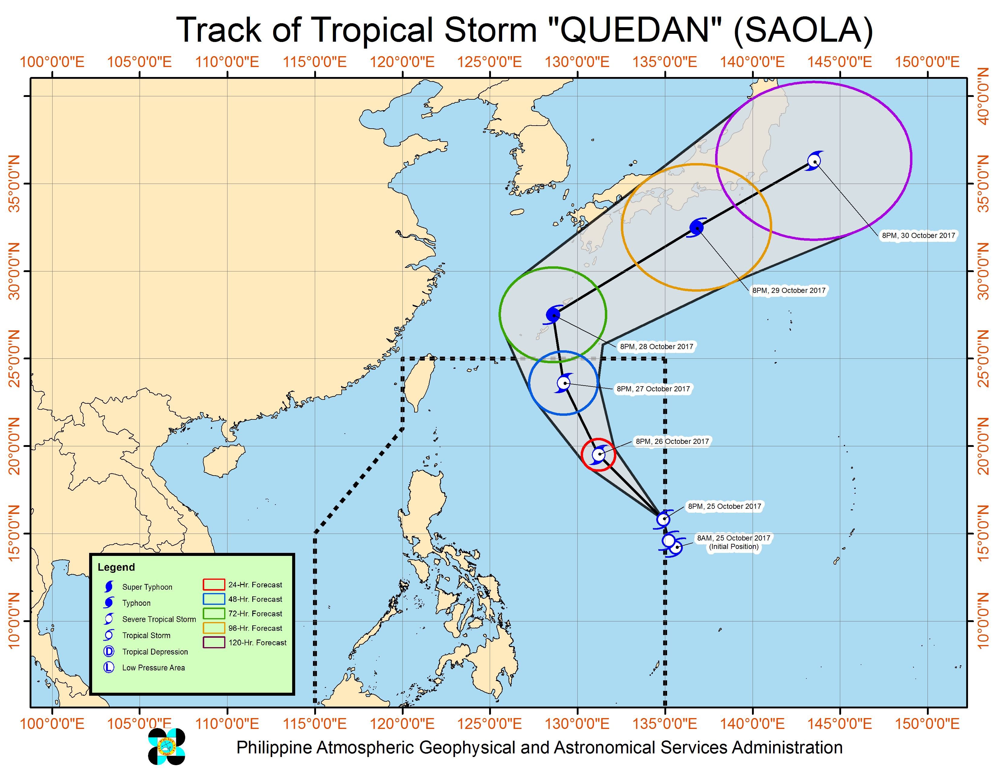 Forecast track of Tropical Storm Quedan as of October 25, 11 pm. Image courtesy of PAGASA 