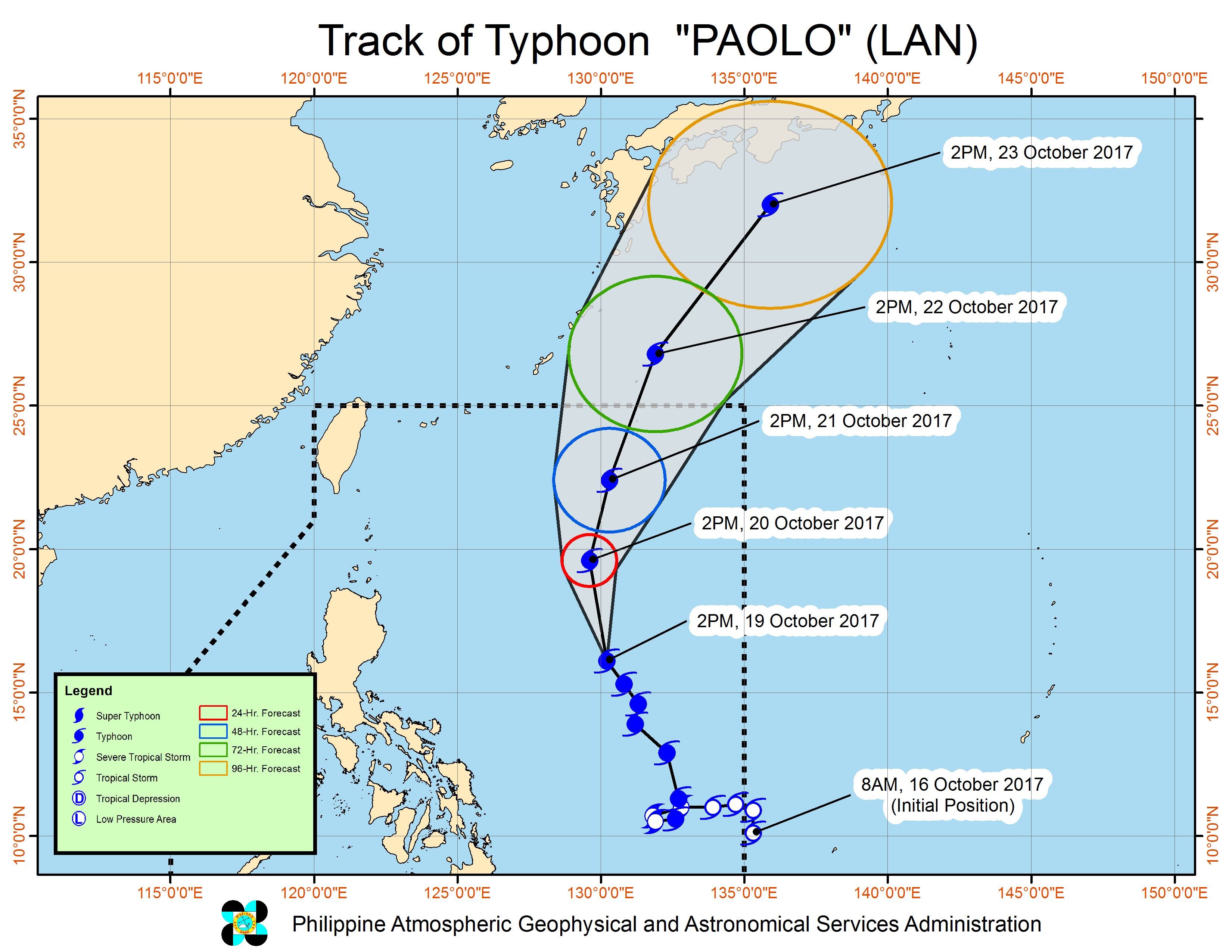 Forecast track of Typhoon Paolo as of October 19, 4 pm. Image courtesy of PAGASA 