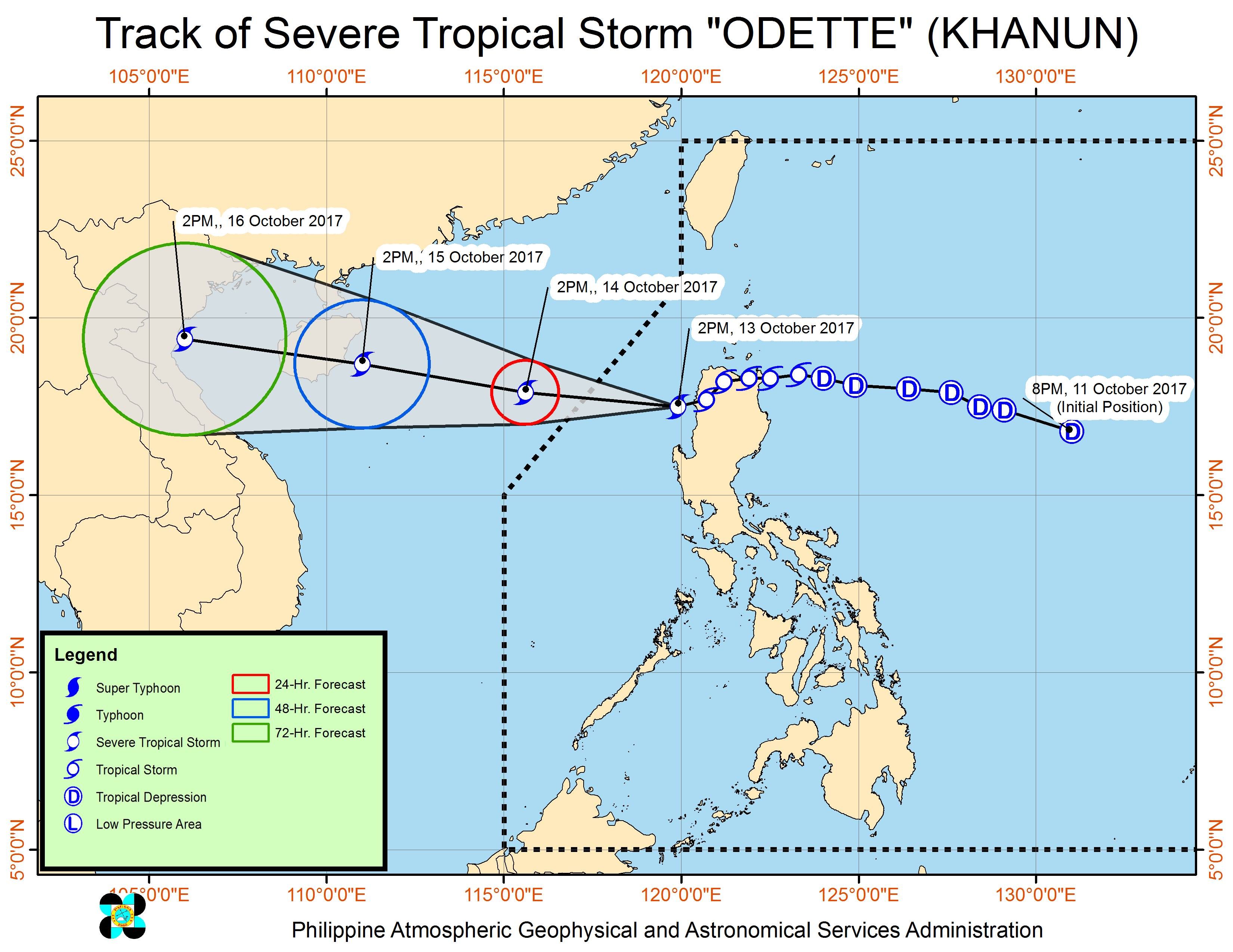 Forecast track of Severe Tropical Storm Odette as of October 13, 5 pm. Image courtesy of PAGASA 