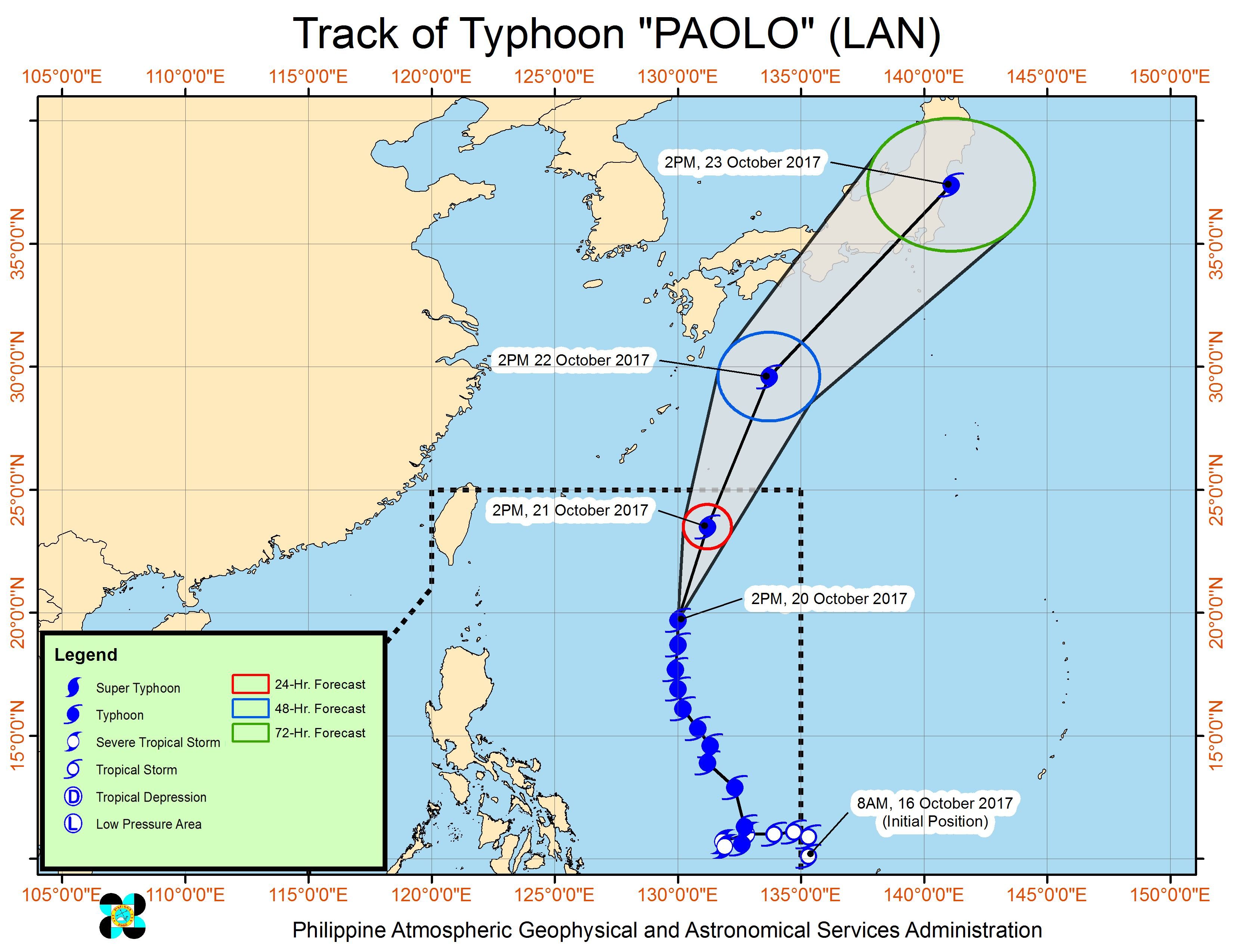 Forecast track of Typhoon Paolo as of October 20, 4 pm. Image courtesy of PAGASA 