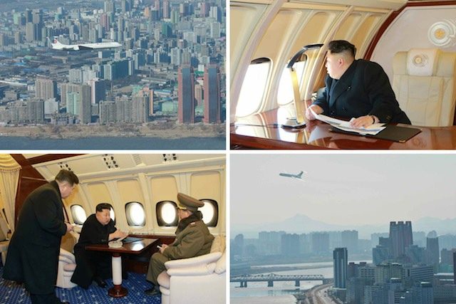 LAP OF LUXURY. An undated picture combo released on 15 February 2015 by the Rodong Sinmun, the newspaper of the ruling North Korean Workers party, shows
North Korean leader Kim Jong-un looking down at a housing complex construction site for scientists located in Pyongyang, North Korea from his private jet, and the private jet flying over Pyongyang. Rodong Sinmun/EPA 