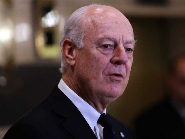 UN peace envoy to Syria Staffan de Mistura speaks with reporters in Damascus, Syria, 11 February 2015. Youssef Badawi/EPA 
