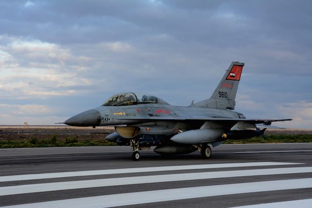 READY FOR TAKEOFF. A handout photo made available by the Egyptian Army on 16 February 2015 shows F-16 fighter preparing to take off to carry an airstrike against militants loyal to Islamic State (ISIS) in Derna in eastern Libya, from a base in an undisclosed location, 15 February 2015. Egyptian Army/Handout/EPA 