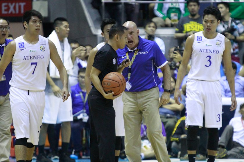 NOT PLEASED. Ateneo coach Tab Baldwin barks at the referee. Photo by Eduardo Solo/Rappler 