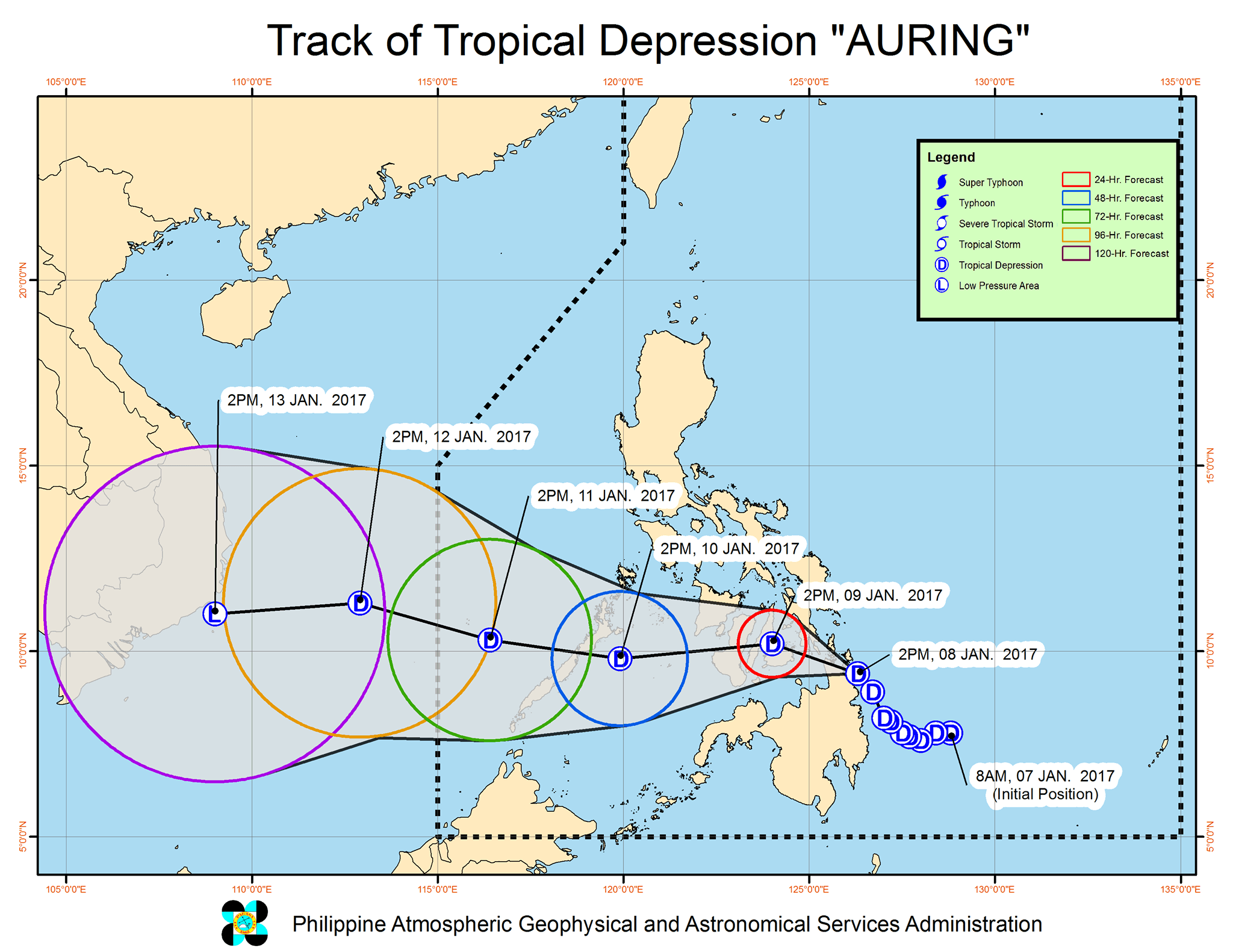 Forecast track of Tropical Depression Auring as of January 8, 5 pm. Image courtesy of PAGASA  