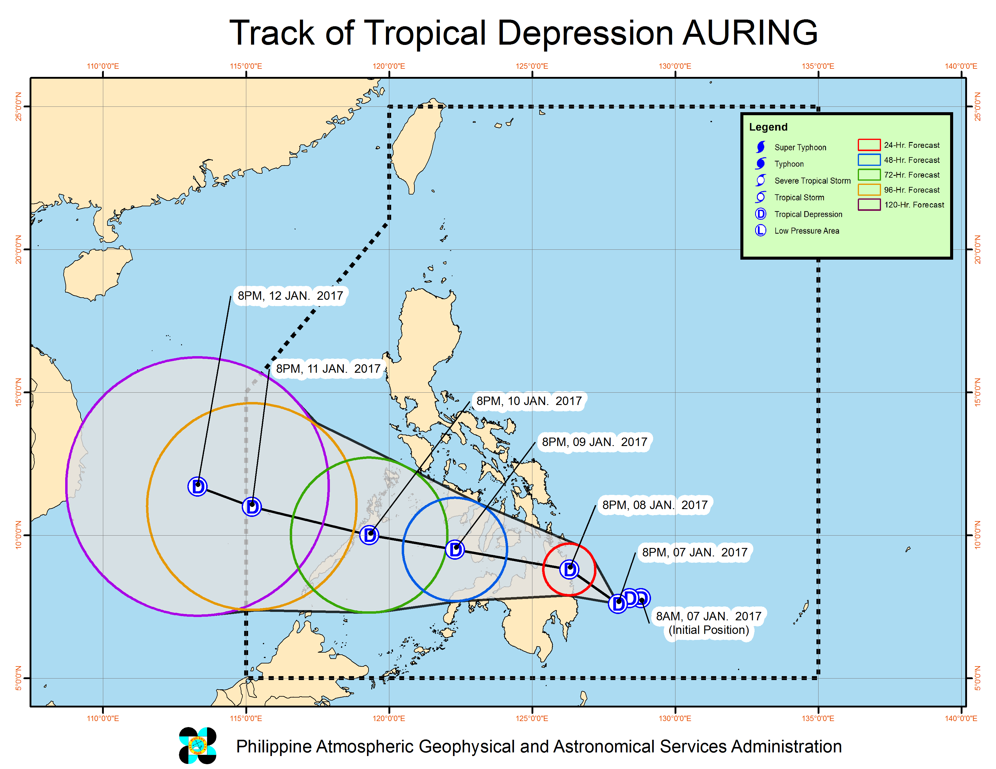 Forecast track of Tropical Depression Auring as of January 7, 11 pm. Image courtesy of PAGASA 