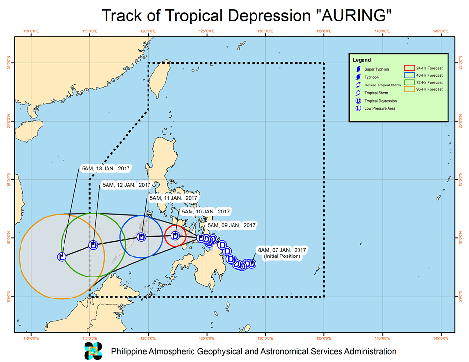 Forecast track of Tropical Depression Auring as of January 9, 8 am. Image courtesy of PAGASA 