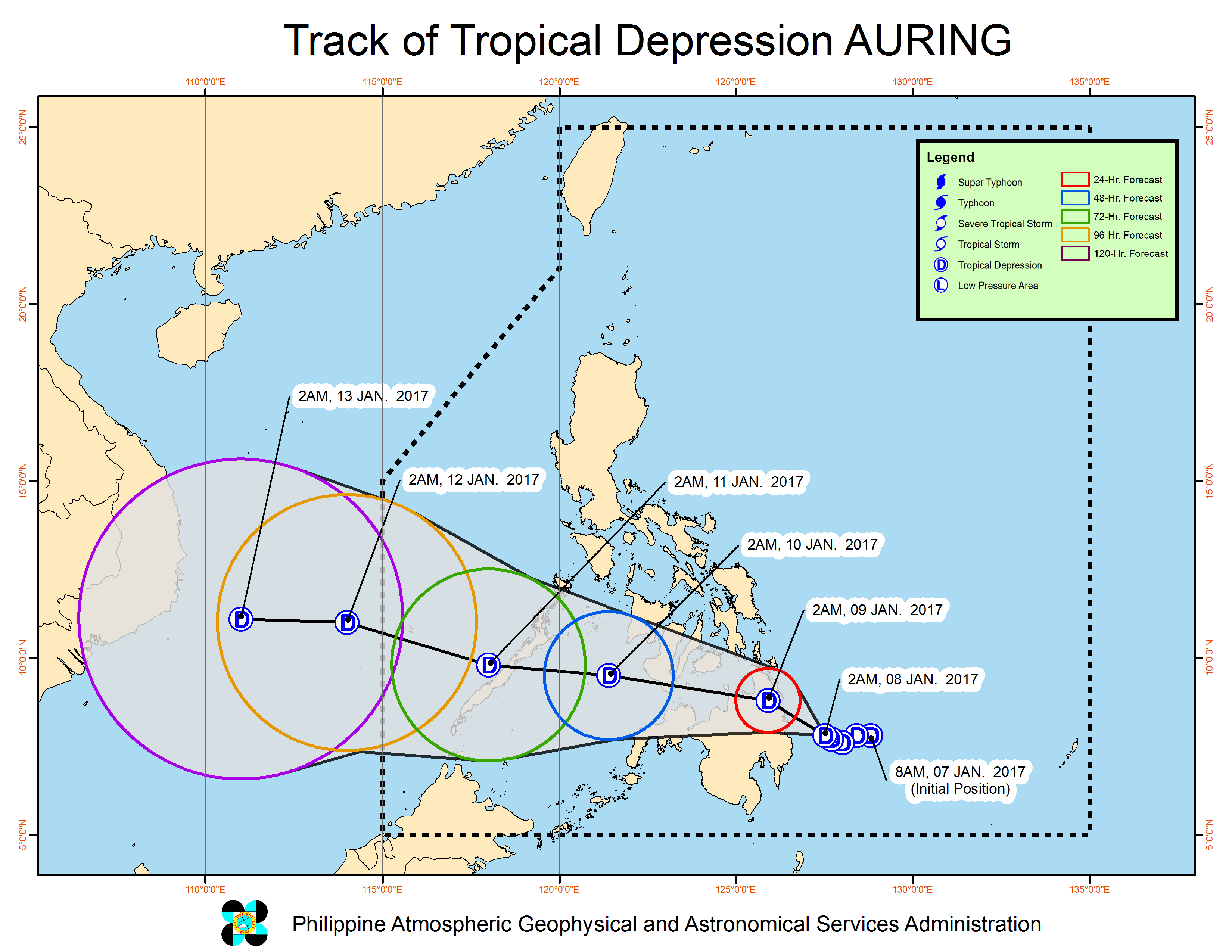 Forecast track of Tropical Depression Auring as of January 8, 5 am. Image courtesy of PAGASA 