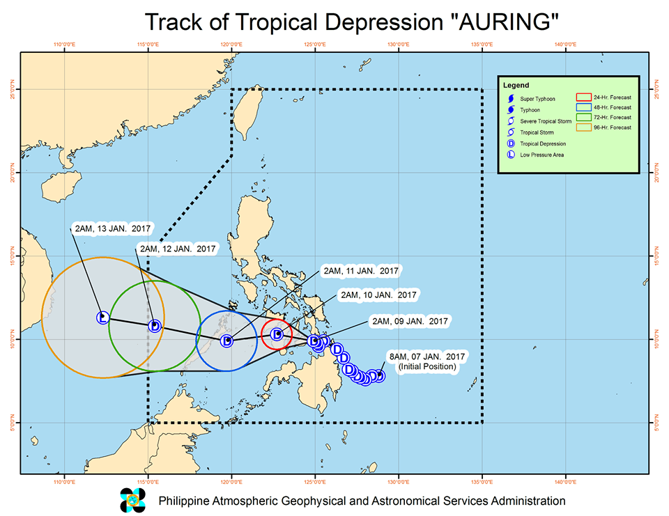 Forecast track of Tropical Depression Auring as of January 9, 5 am. Image courtesy of PAGASA 
