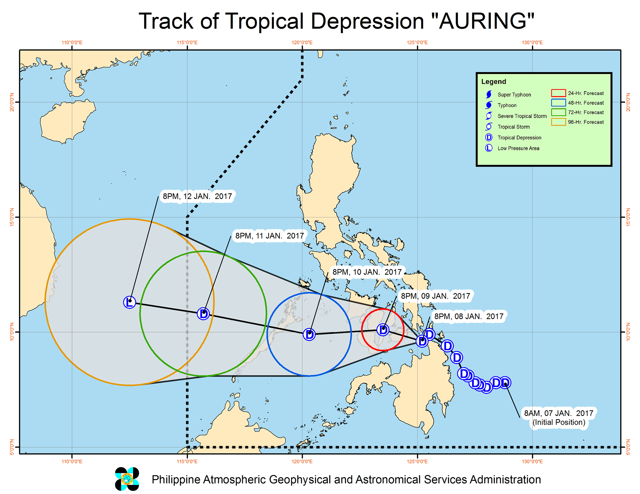 Forecast track of Tropical Depression Auring as of January 8, 11 pm. Image courtesy of PAGASA 