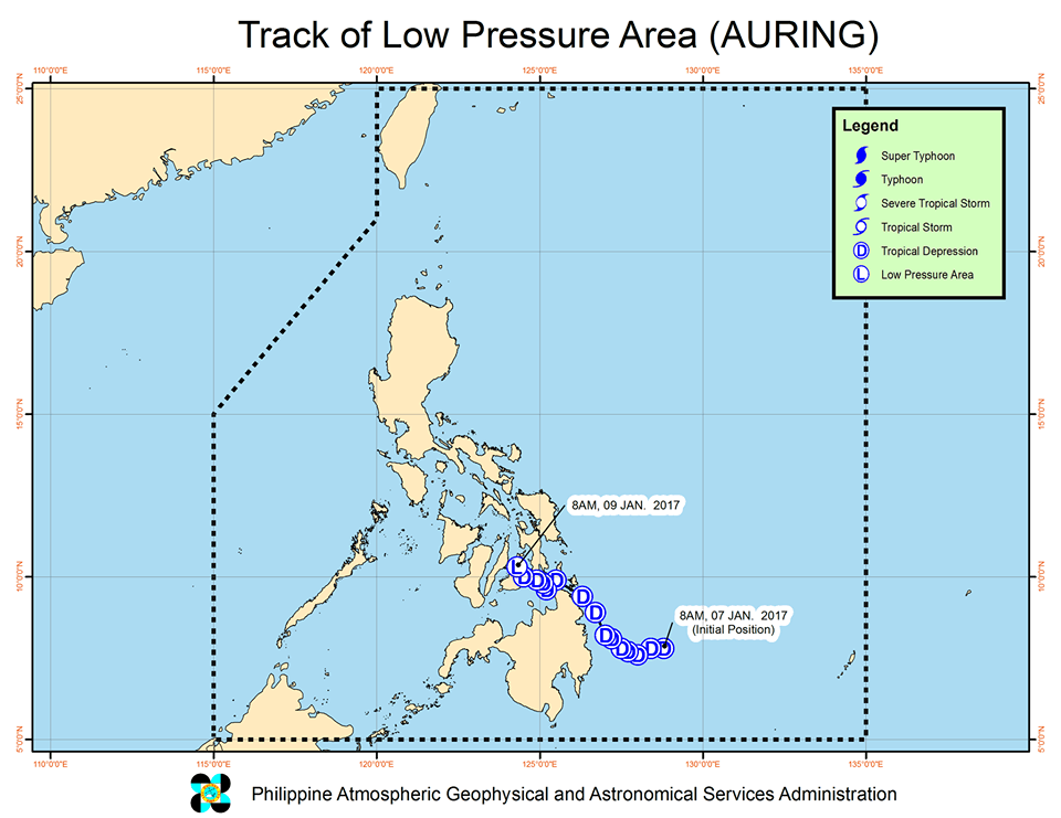 Forecast track of low pressure area (formerly Tropical Depression Auring) as of January 9, 11 am. Image courtesy of PAGASA 