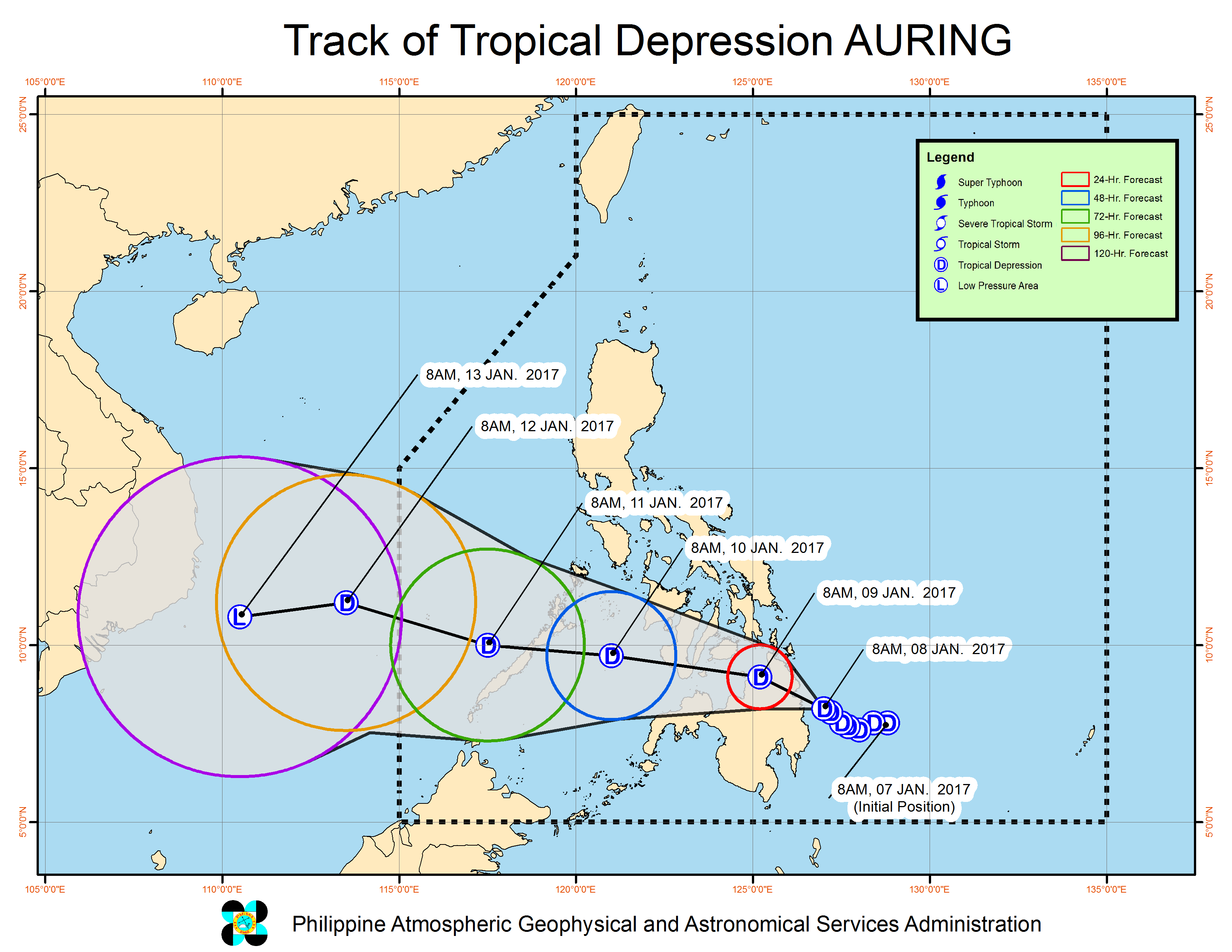 Forecast track of Tropical Depression Auring as of January 8, 11 am. Image courtesy of PAGASA  