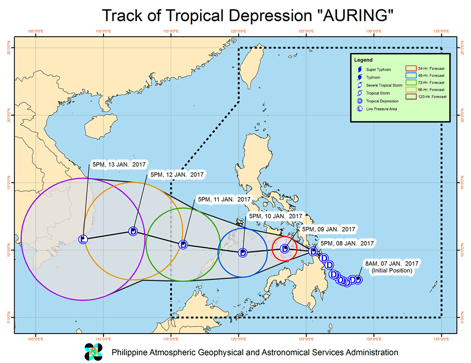 Forecast track of Tropical Depression Auring as of January 8, 8 pm. Image courtesy of PAGASA  