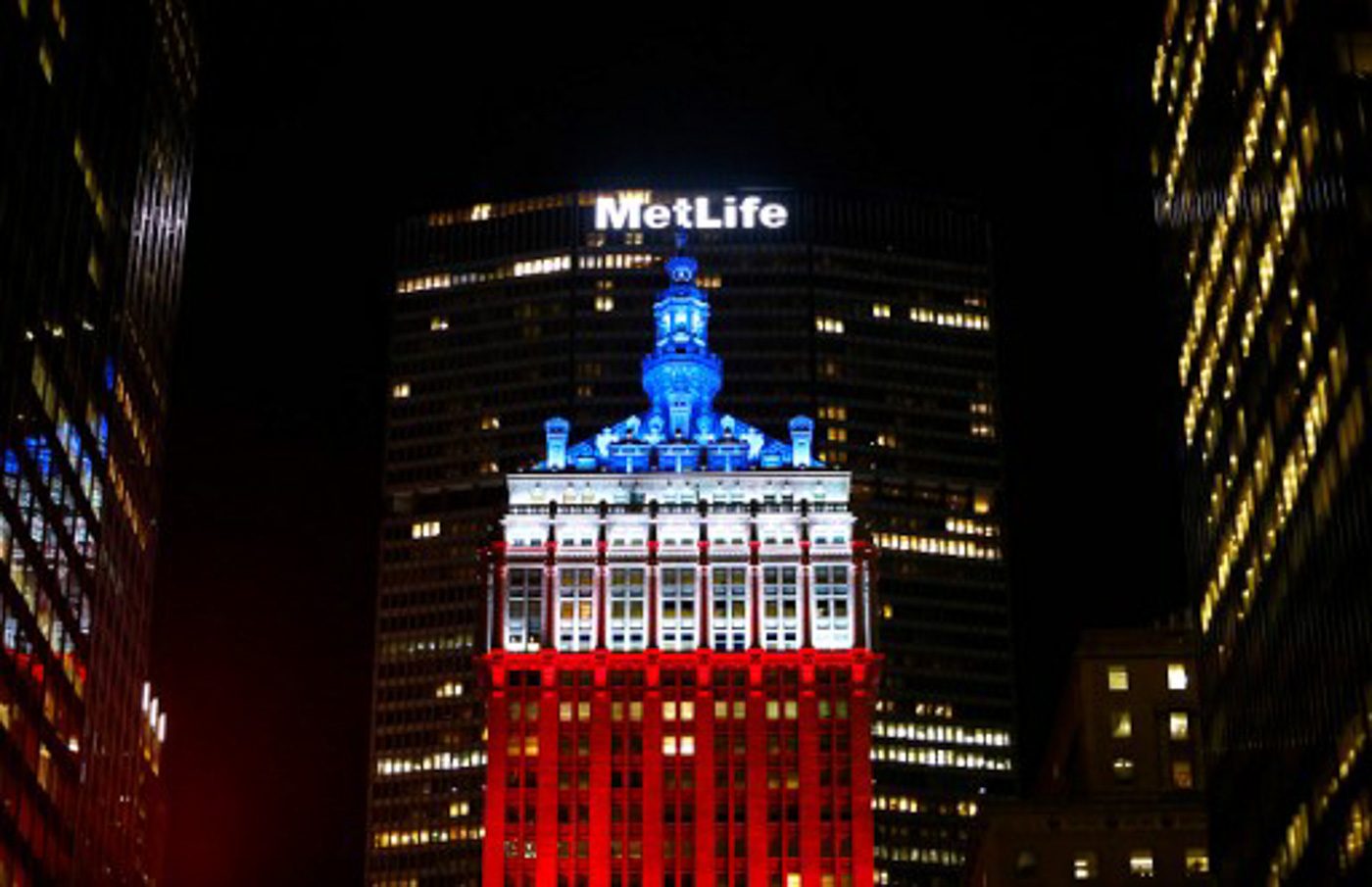 USA. The Helmsley Building lights up with the colors of the French flag in New York.  
