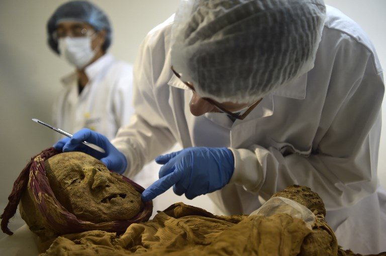 MUMMY. French forensic doctor Philippe Charlier examines the Guano mummy with Ecuadorian technicians in a laboratory at the Cultural Heritage Institute of Ecuador in Quito on January 30, 2019. Photo by Rodrigo Buendia/AFP  