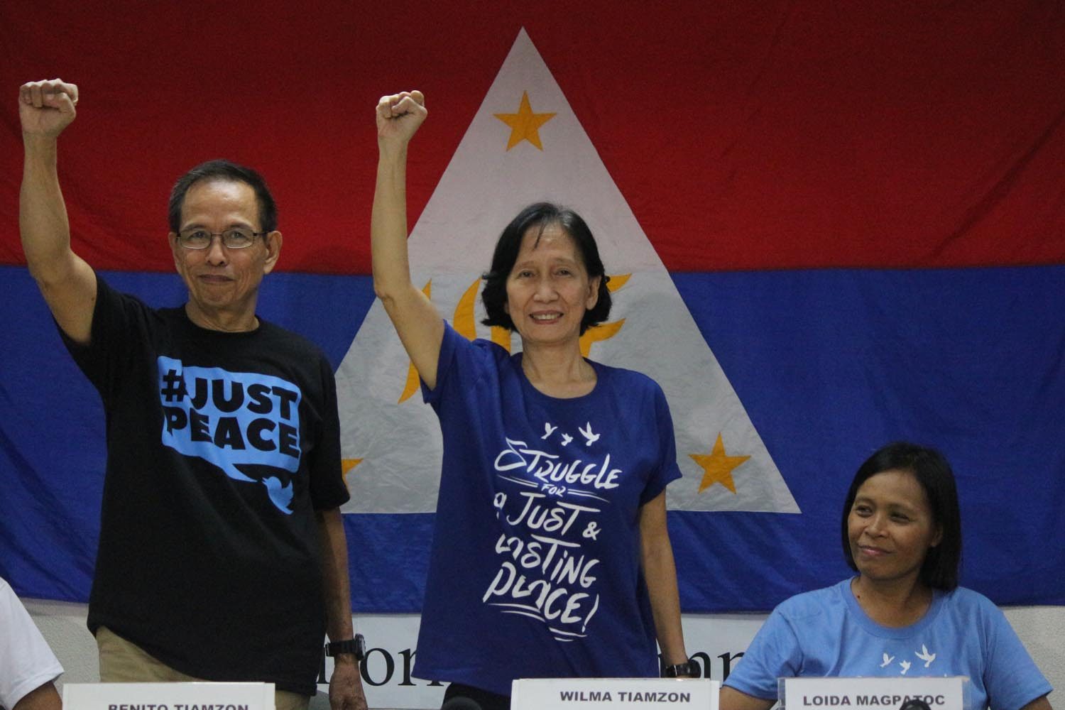 Newly released political prisoners Benito Tiamzon and wife Wilma Tiamzonalong with recently released political prisoner Ma. Loida Magpatoc (seated) during press conference at the Immaculate Conception Multi-purpose Hall in Cubao, Quezon City on August 19. Photo by Joel Liporada/Rappler 