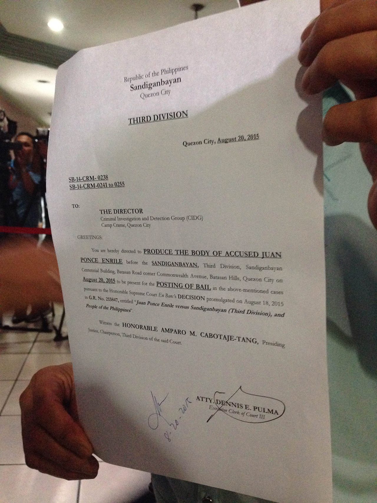 PRODUCE ENRILE. A copy of the court order for the police to bring the senator to court so he can post bail  
