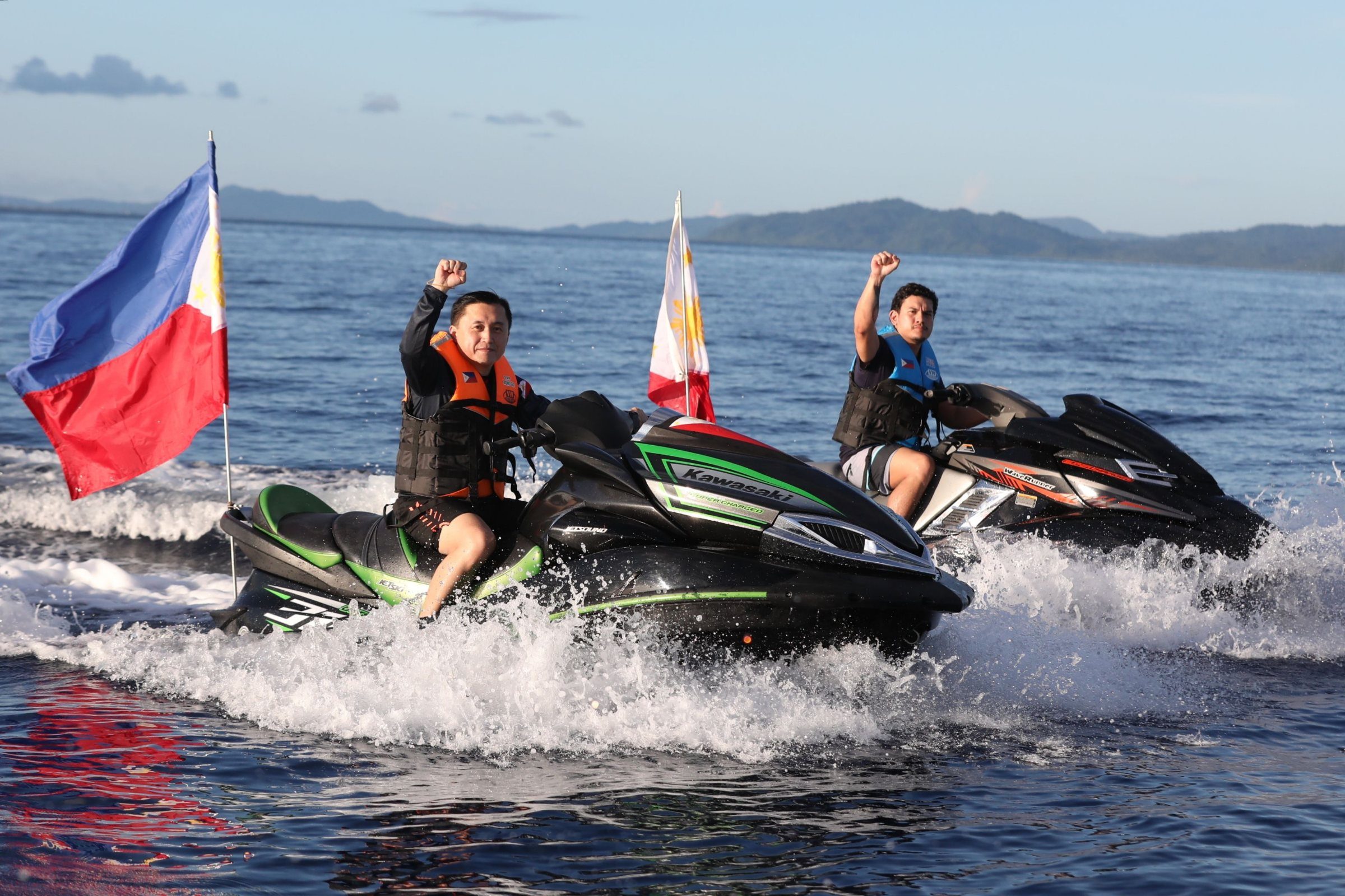 PUBLICITY STUNT. Special Assistant to the President Bong Go and presidential son Sebastian ride jetskis as they take a tour around the Casiguran Sound during the Philippine Rise commemoration on May 15, 2018. The government tagged it as a ride to Benham Rise. Presidential photo   
