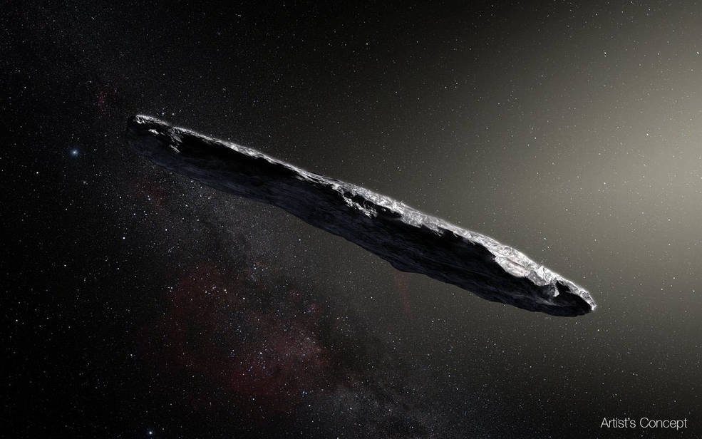 MYSTERIOUS VISITOR. The first confirmed object from interstellar space is a rocky, cigar-shaped object with a reddish hue. The asteroid 'Oumuamua is up to a quarter mile (400 meters) long, and 10 times as long as it is wide. Image courtesy NASA 