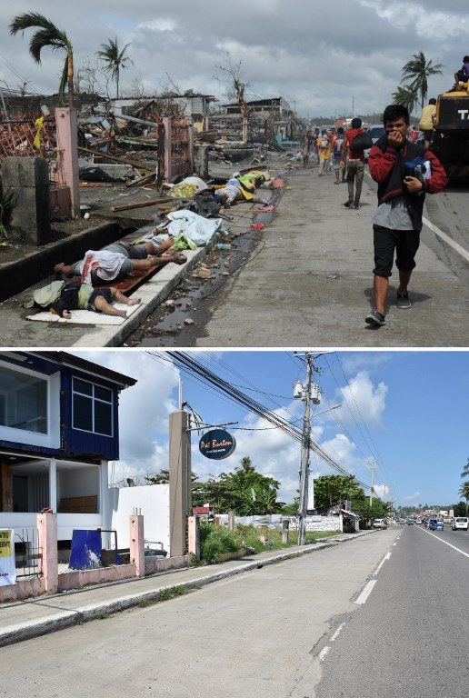(Top photo) Residents walk past the bodies of people killed after the onslaught of Typhoon Yolanda (Haiyan). The same road in Sagkahan district, Tacloban City on October 31, 2018 (below). Photos by Ted Aljibe/AFP 
