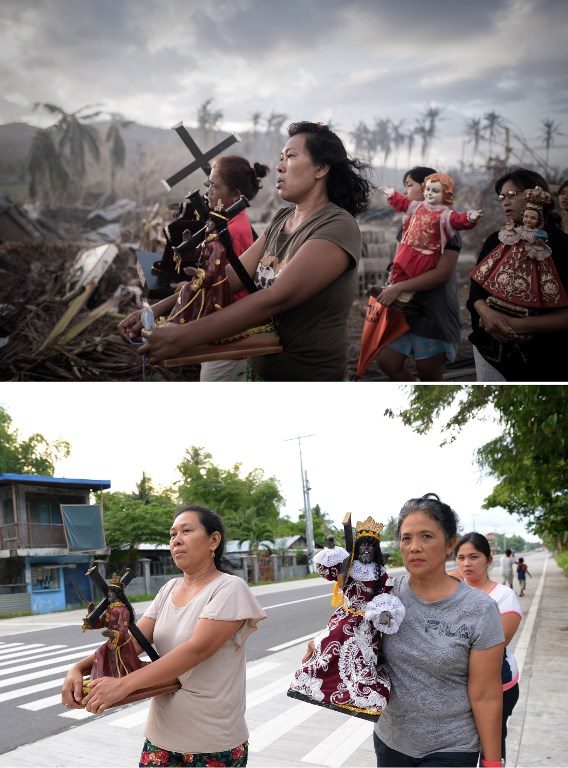 Elsie Indic march with other survivors of Typhoon Yolanda (Haiyan) during a religious procession in Tolosa, Leyte on November 13, 2013 (top photo). Indic (left, bottom photo) walks along a highway at a village in Tolosa on October 17, 2018. Top photo by Philippe Lopez; Bottom photo by Ted Aljibe/AFP 