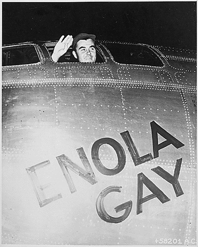 HISTORIC FLIGHT. A handout image made available by the US National Archive of Colonel Paul W. Tibbets, Jr., Pilot of the Enola Gay, the Plane that Dropped the Atomic Bomb on Hiroshima, waving from his cockpit before the takeoff, on Tinian island, August 6, 1945. US National Archive handout/EPA 