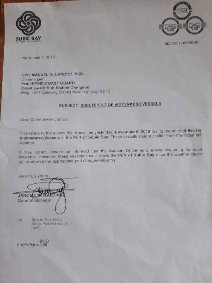 ORDERS. The letter of SBMA authorities to the Philippines Coast Guard. Photo by Olongapo City Public Information 