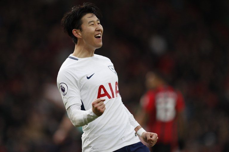 KOREA'S BEST EXPORT. Tottenham Hotspur's South Korean striker Son Heung-Min celebrates after scoring their second goal during the English Premier League football match between Bournemouth and Tottenham Hotspur at the Vitality Stadium in Bournemouth, southern England on March 11, 2018. Photo by Adrian Dennis/ AFP   