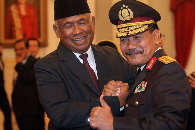 WORKING TOGETHER. New acting KPK chairman Taufiequrrahman Ruki (left) with new police chief nominee Comr. Gen. Badrodin Haiti at the State Palace on Feb. 20, 2015. Photo by Gatta Dewabrata/Rappler 