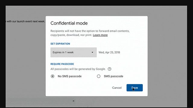CONFIDENTIAL MODE. You can now choose an expiry date for an email or require a passcode for an email to be read. 