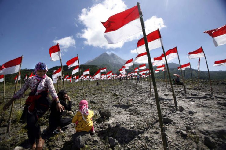 PLANTING FLAGS. Hundreds of Indonesian national flags near Mount Merapi at Cangkringan village, Indonesia, on August 17, 2014. Photo by EPA/Bimo Satrio 