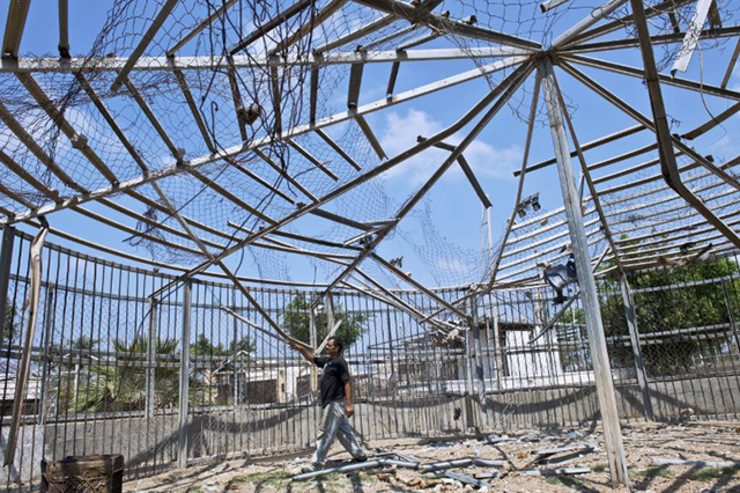 WRECKED. Zookeeper Farid al-Hissi inspects the damage inflicted upon the lion cage by an Israeli military strike at the zoo. Photo by Roberto Schmidt/AFP