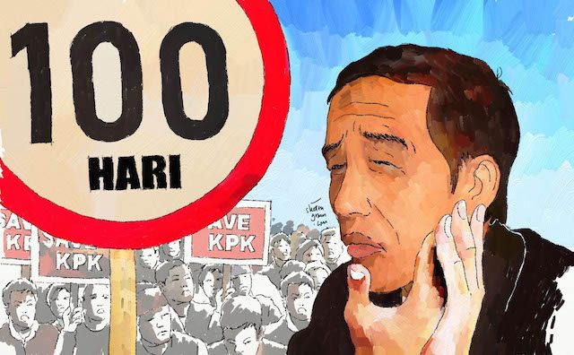 Peringatan 100 hari pertama Jokowi diwarnai sejumlah kontroversi, apresiasi, dan kekecewaan. Ilustrasi oleh @sketsagram/Twitter  