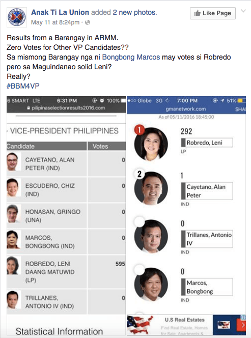 SIGNS OF CHEATING? Posts like this started going around after the Comelec started publishing precinct-level data on its election results website 