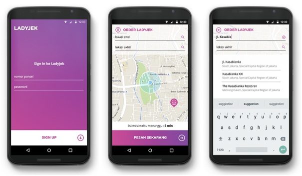Aplikasi LadyJek saat ini hanya tersedia untuk Android. iOS akan segera menyusul. Foto dari Tech in Asia 