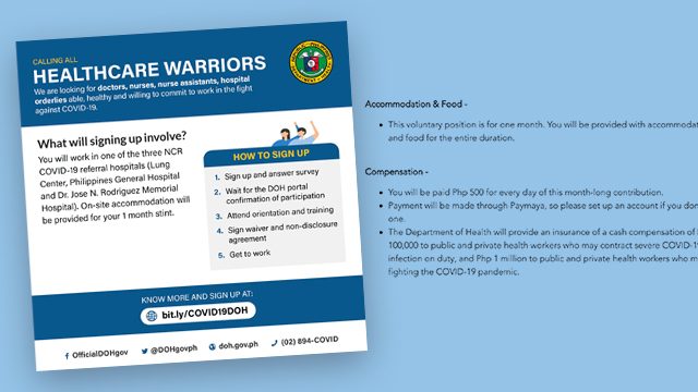 DOH asks for volunteer health workers vs coronavirus, to be paid P500 a day