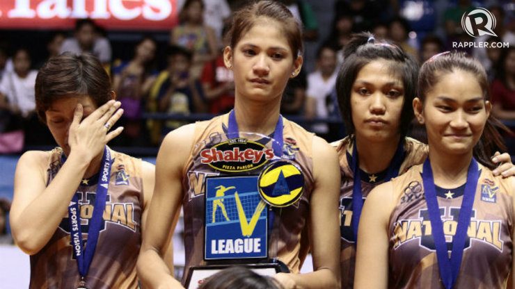 The National University Lady Bulldogs look dejected after coming in second place in the V-League finals. Photo by Josh Albelda/Rappler