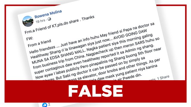 FALSE: ‘SARS’ case reported in clinic at Shangri-La Plaza