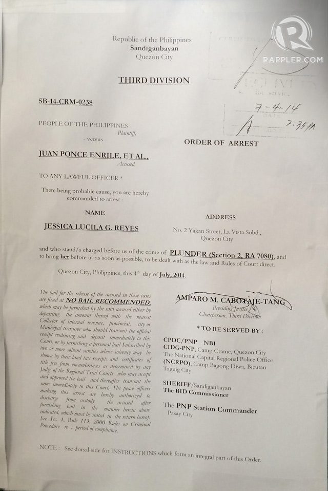 ARREST WARRANT. The Sandiganbayan's Third Division issues an order of arrest for Senator Juan Ponce Enrile.