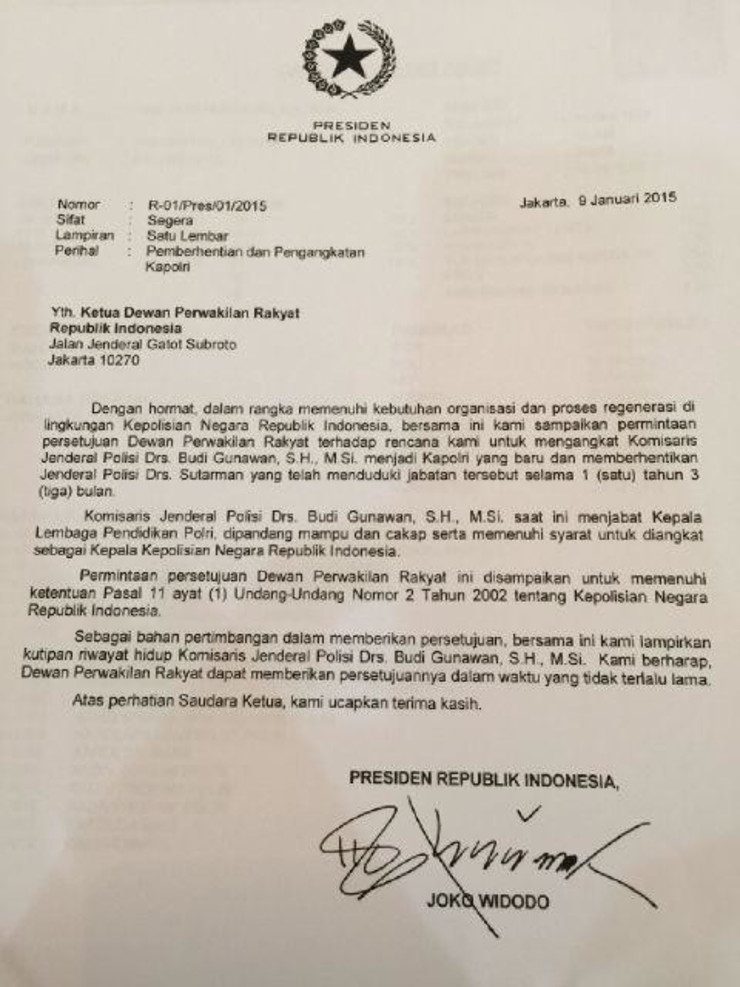 Surat persetujuan yang dikirim Jokowi kepada anggota DPR.