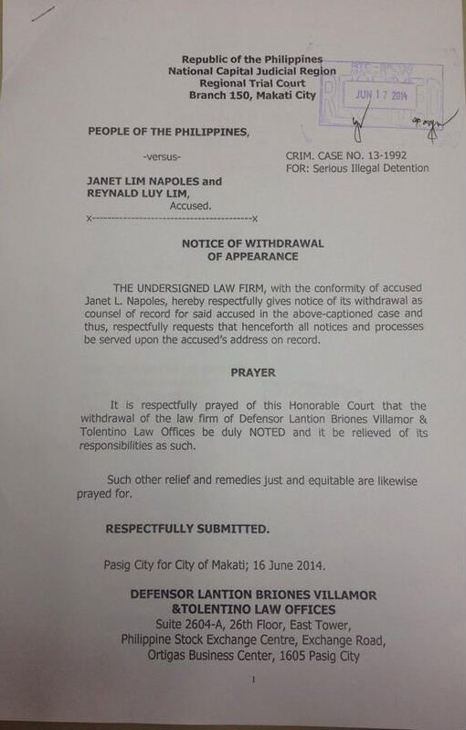 Villamor formally withdraws as the lead counsel of Janet Lim Napoles in the serious illegal detention case. Photo by Rappler