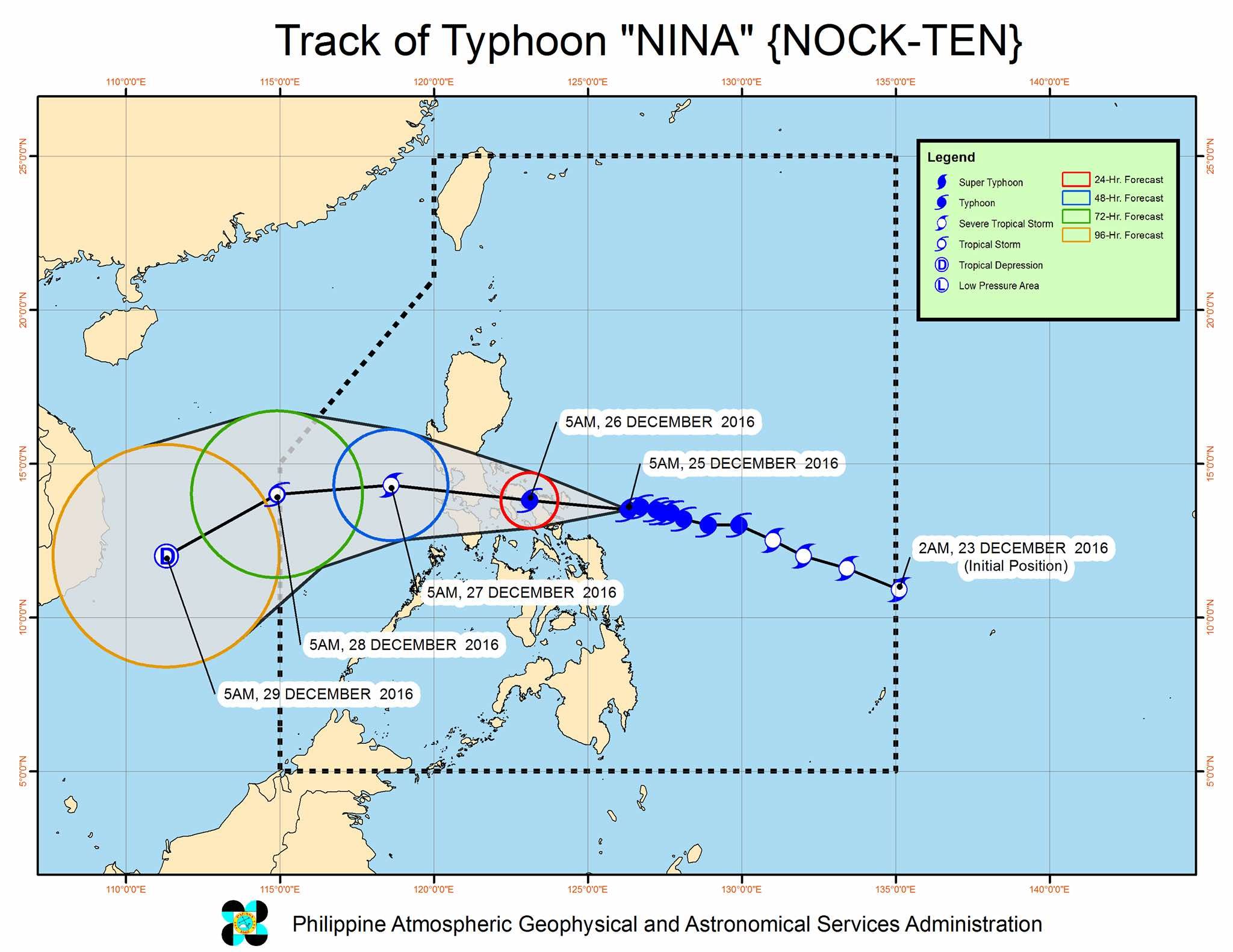 Forecast track of Typhoon Nina as of December 24, 8 am. Image courtesy of PAGASA 