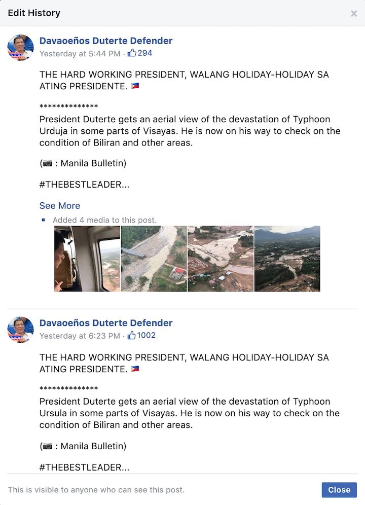 Screenshot of edit history of Davaoeños Duterte Defender's Facebook post on December 26, 2019 