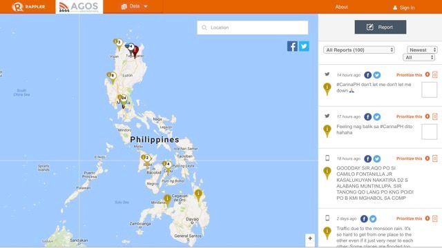 SNAPSHOT. The Agos Alert Map crowdsources and visualizes reports in times of disaster. Visit agos.rappler.com today 